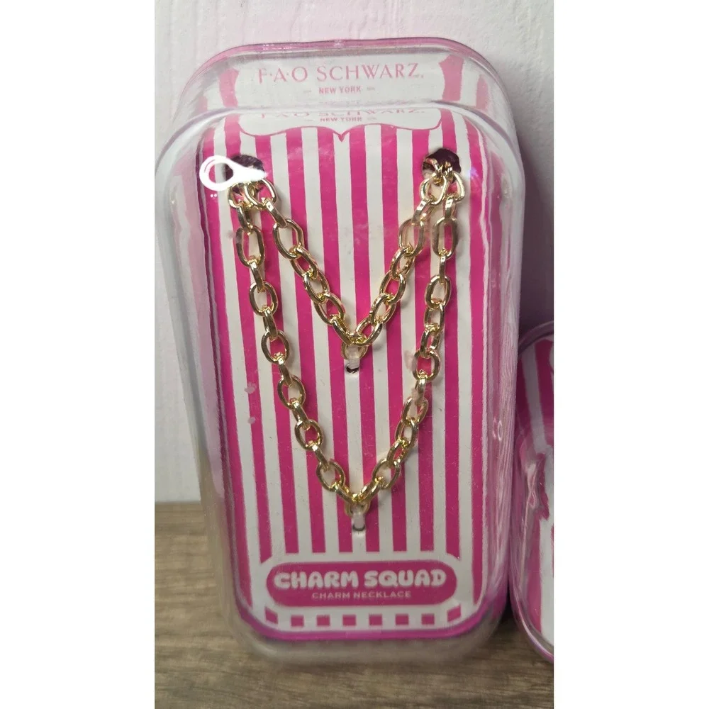 FAO Schwarz Charm Squad Gold Tone Necklace & 2 Metal Charms Microphone Headphone